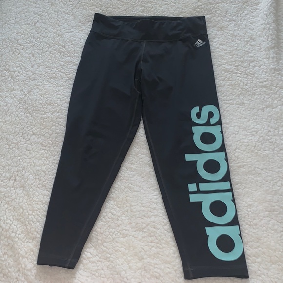 adidas Pants - Adidas Black Capri with Aqua/Teal Lettering